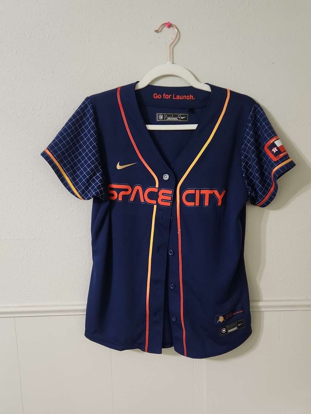 Nike Women Navy Space City Baseball Jersey with Orange and Yellow Accents